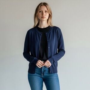 LOFT Navy Crewneck Button-Front Cardigan